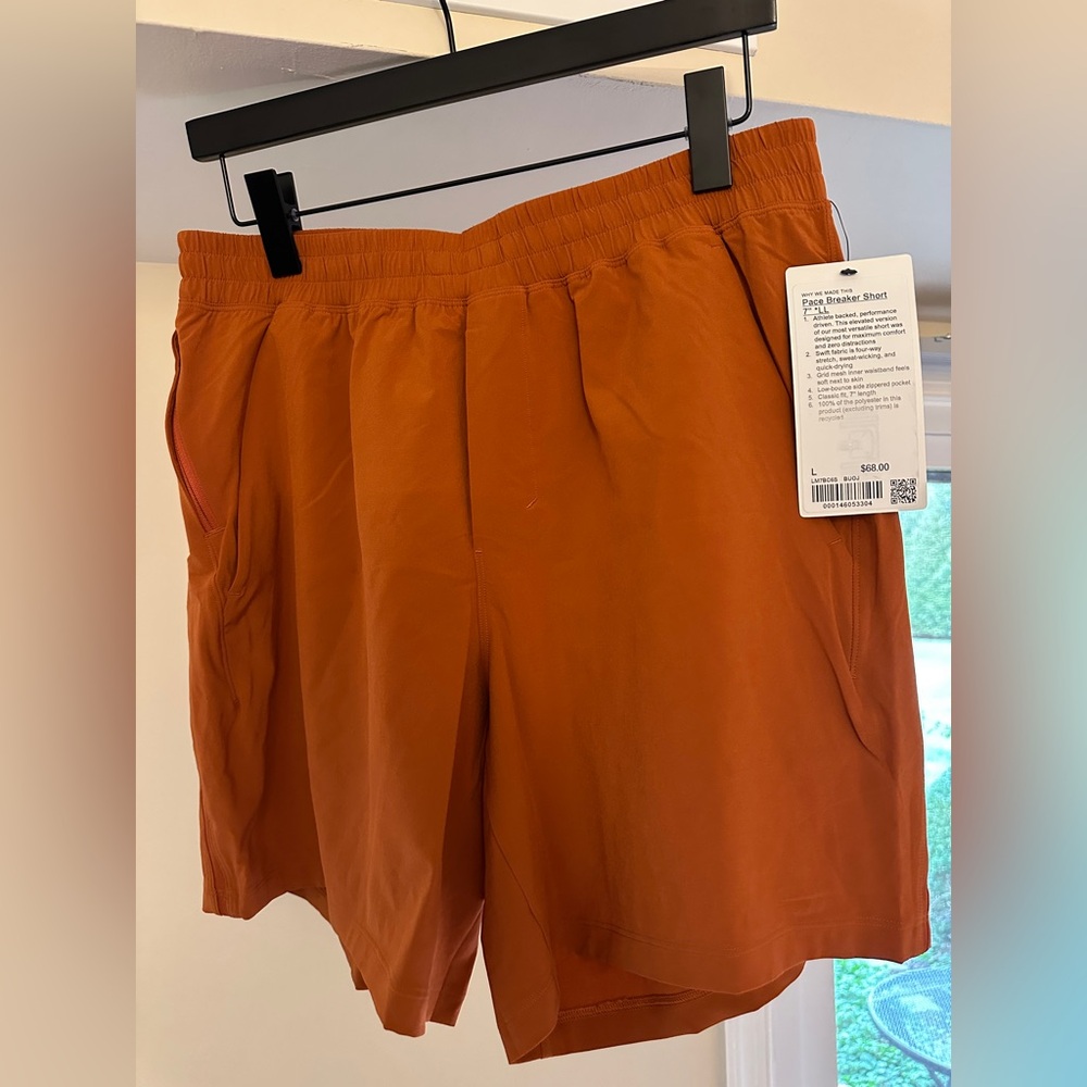 Burnt orange lululemon pace breaker 7” large shorts